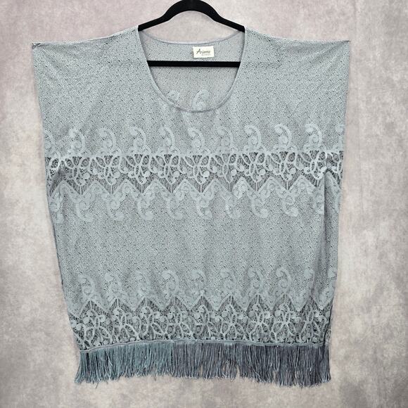 Arianna by Howards Gray Lace Fringe Boho Beach Swim Cover Up Duster Kimono XL - Picture 1 of 8